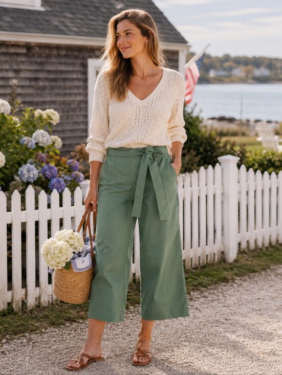 J. Crew Pants - J. Crew Rory Green Cotton Wide Leg Cropped Front Tie Pants